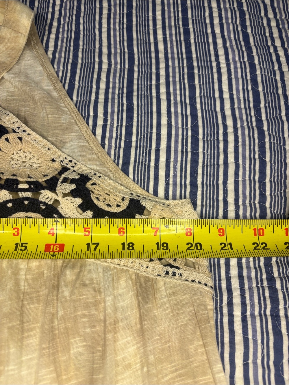 Sleeveless Beige Cream Top with navy Crochet Yoke - Picture 4 of 5